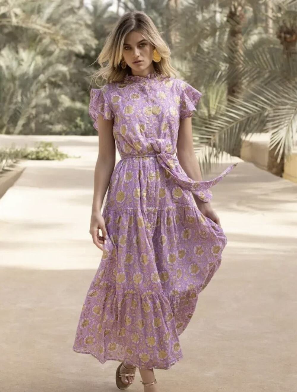 Oliphant Ruffle Collar Button Maxi Dress Tie Waist Haveli Rose Pink Gold